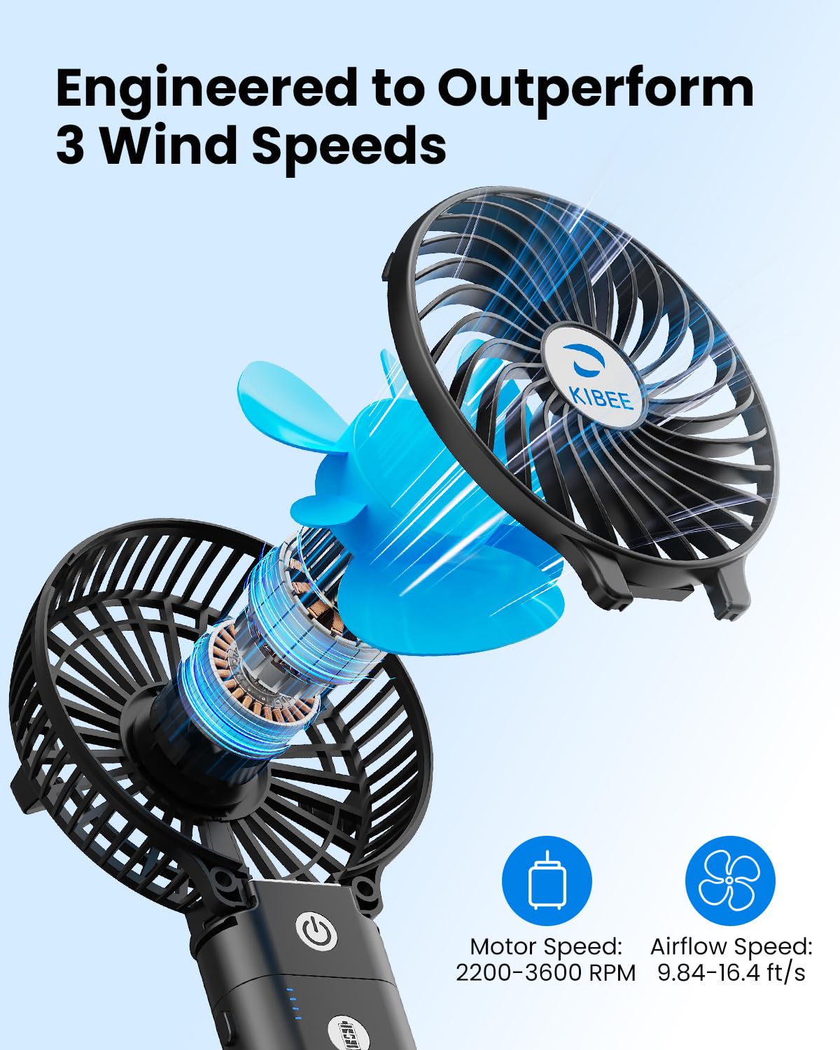 KIBEE Portable Handheld Fan - 5200mAh USB Rechargeable [20H Max Runtime] with Power Bank, Foldable 180° Mini Personal Fan, 3-Speed with Stand for Travel/Outdoor/Makeup/Concerts (Black)