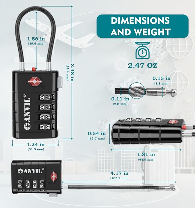 ANVIL 4 Digit Luggage Locks, TSA Locks for Luggage, Advanced TSA008 core, Alert Indicator for Your Travel Lock, Suitcase Lock. (1, Black)