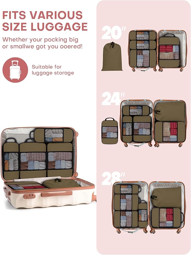 6 PCS Set Compression Packing Cubes for Travel, Lightweight Packing Organizer Bags Travel Essentials for Carry On, Suitcase,Home Closet - Brown