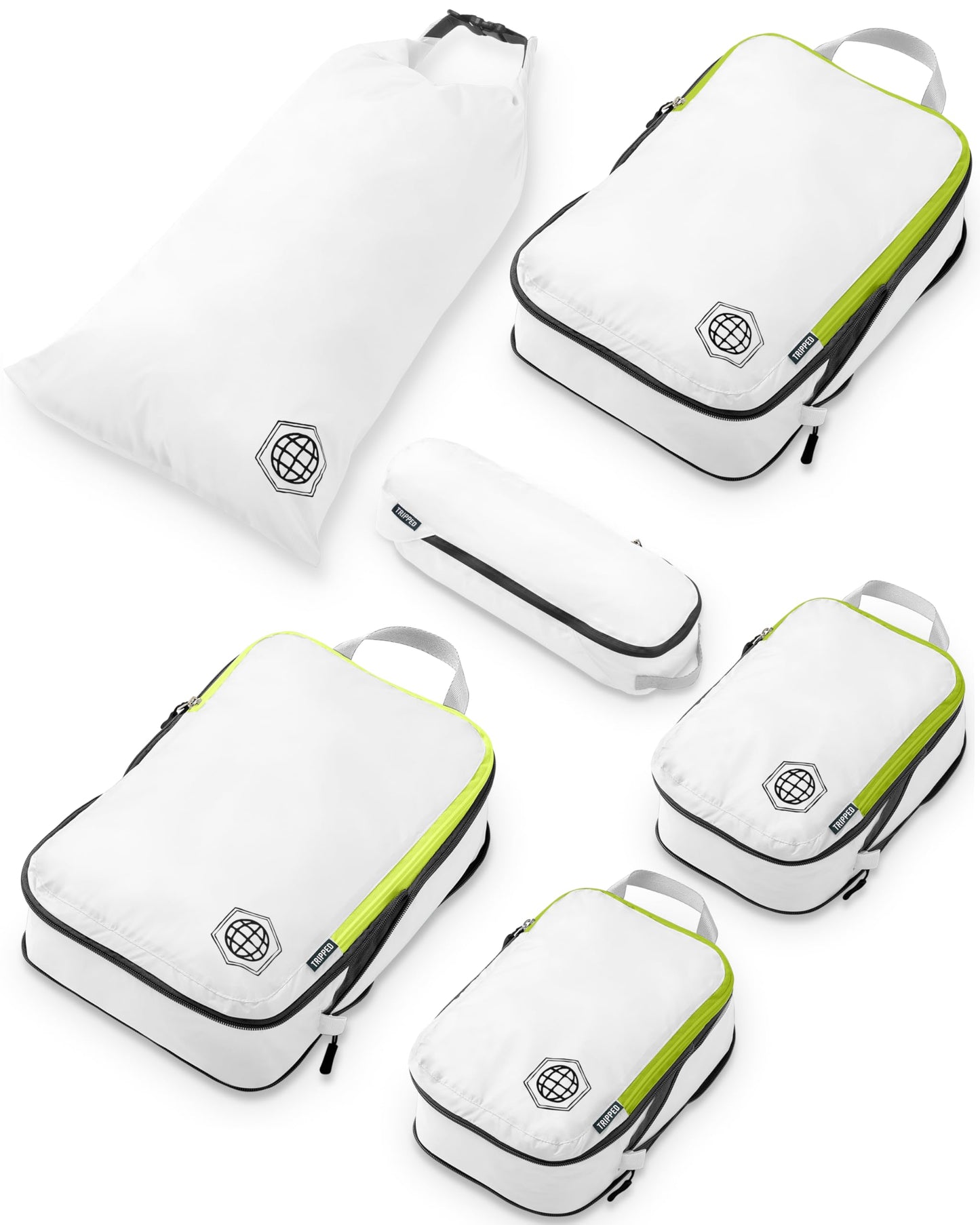 Compression Packing Cubes 6 Piece Set for Travel - Lightweight, Durable Clothes Organizer for Carry-On Luggage and Backpacks by TRIPPED Travel Gear (White and Green)