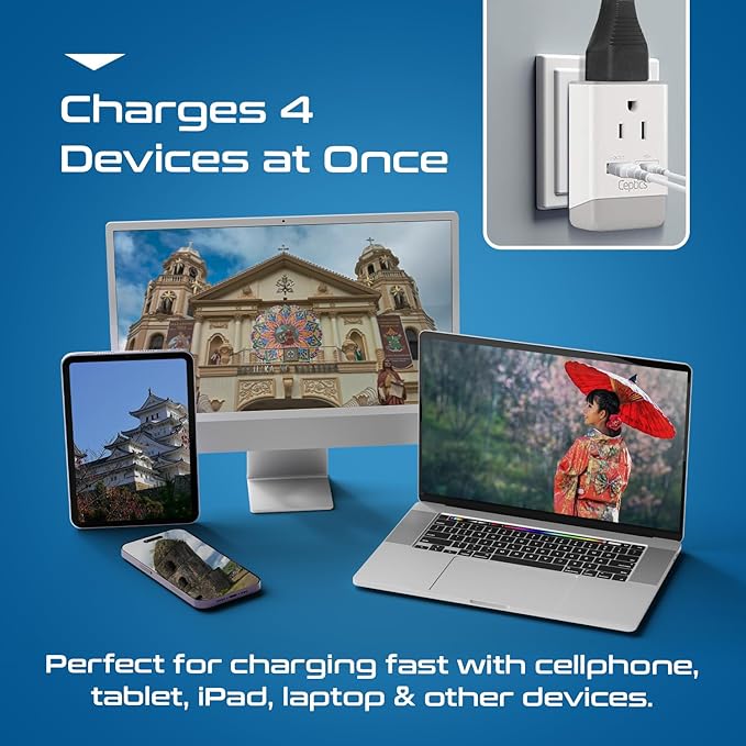 Ceptics Japan, Philippines Power Travel Plug Adapter, QC 3.0 & PD, Safe Dual USB & USB-C - 2 USA Socket Compact & Powerful - USA 3 Pin Polarized to 2 Prong Unpolarized - Type A - AP-6 Fast Charging