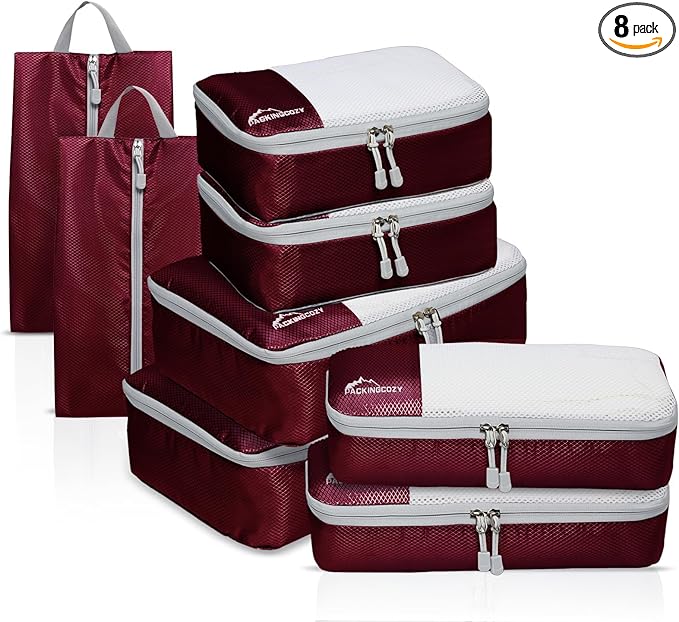 Compression Packing Cubes for Travel, 8 Set Packing Organizers with Zipper Pulls and Mesh Top Panel - Light-weight Travel Cubes for Carry On and Suitcases, Wine
