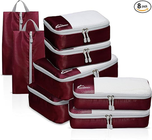 Compression Packing Cubes for Travel, 8 Set Packing Organizers with Zipper Pulls and Mesh Top Panel - Light-weight Travel Cubes for Carry On and Suitcases, Wine