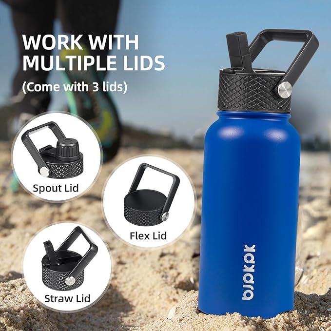 BJPKPK Insulated Water Bottles with Straw Lid, 40oz Stainless Steel Water Bottles with 3 Lids, BPA Free Leakproof Thermo, Tumblers, Cups for Sports, Gym- Navy Blue