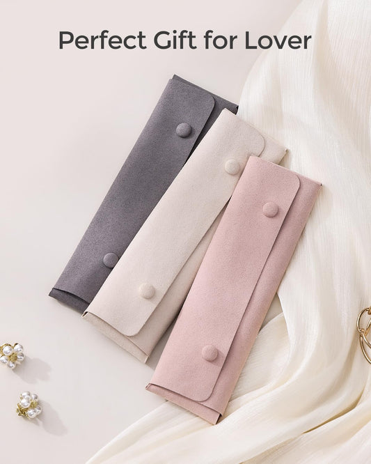 CASEGRACE Velvet Travel Jewelry Roll Bag Organizer for Necklaces, Rings, Earrings, Retaining Buckle, Anti-tangle, Everyday Storage Bag (Gray)