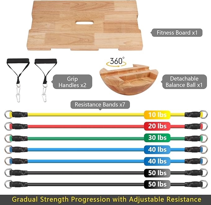 Betesine 3-in-1 Balance Board with Resistance Bands & Detachable Dome – Premium Rubberwood Balance Trainer for Core Strength, Stability, Yoga, and Full-Body Workouts – Non-Slip Surface for Home Gym