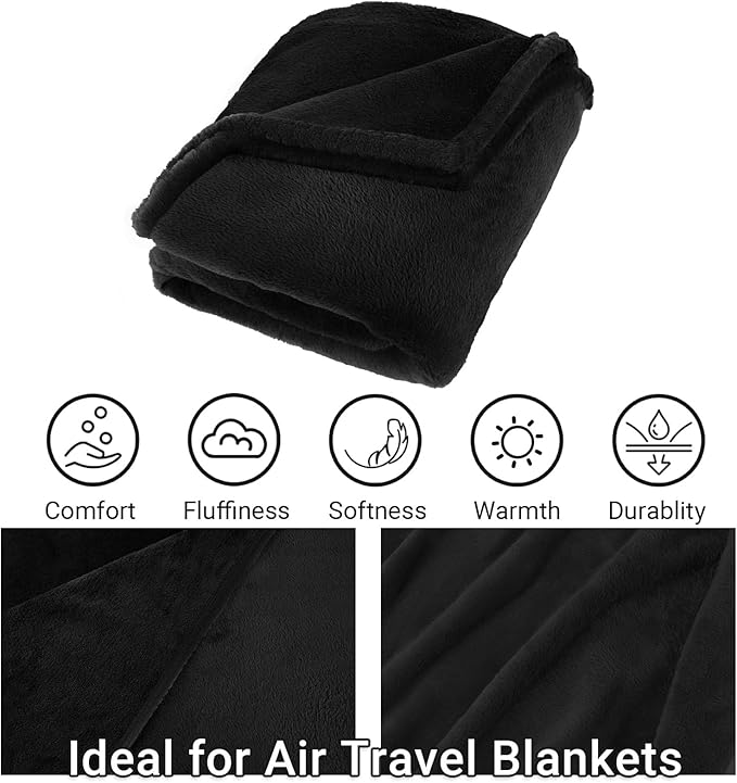 Travel Blanket & Pillow Set, 300 GSM Soft Fleece, 60x43 Inches, 3-in-1 Airplane Blanket, Travel Pillow and Blanket Set, Travel Blanket Airplane Compact with Bag, Travel Essentials, Black