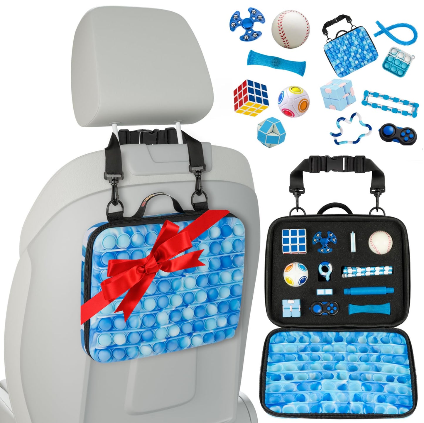 POPRIDER Travel Fidget Case Set with 12 Fidget Toys, Road Trip Activities for Kids, Airplane Must Haves for Kids, Sensory Toys, Car Travel Essentials for Long Trips (Blue)