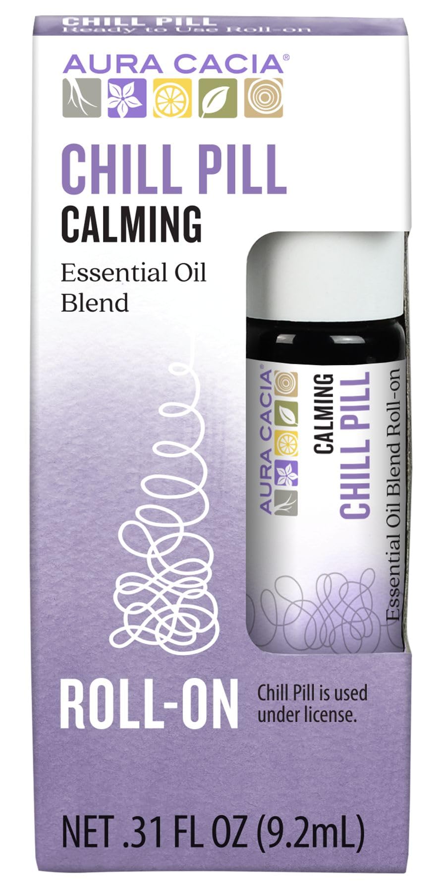 Aura Cacia Chill Pill Roll-On Essential Oil Blend | Sweet Orange, Lavender, Peppermint, Basil, Patchouli, Roman Chamomile in Apricot Kernel Oil | 0.31 Fl Oz (Pack of 1)