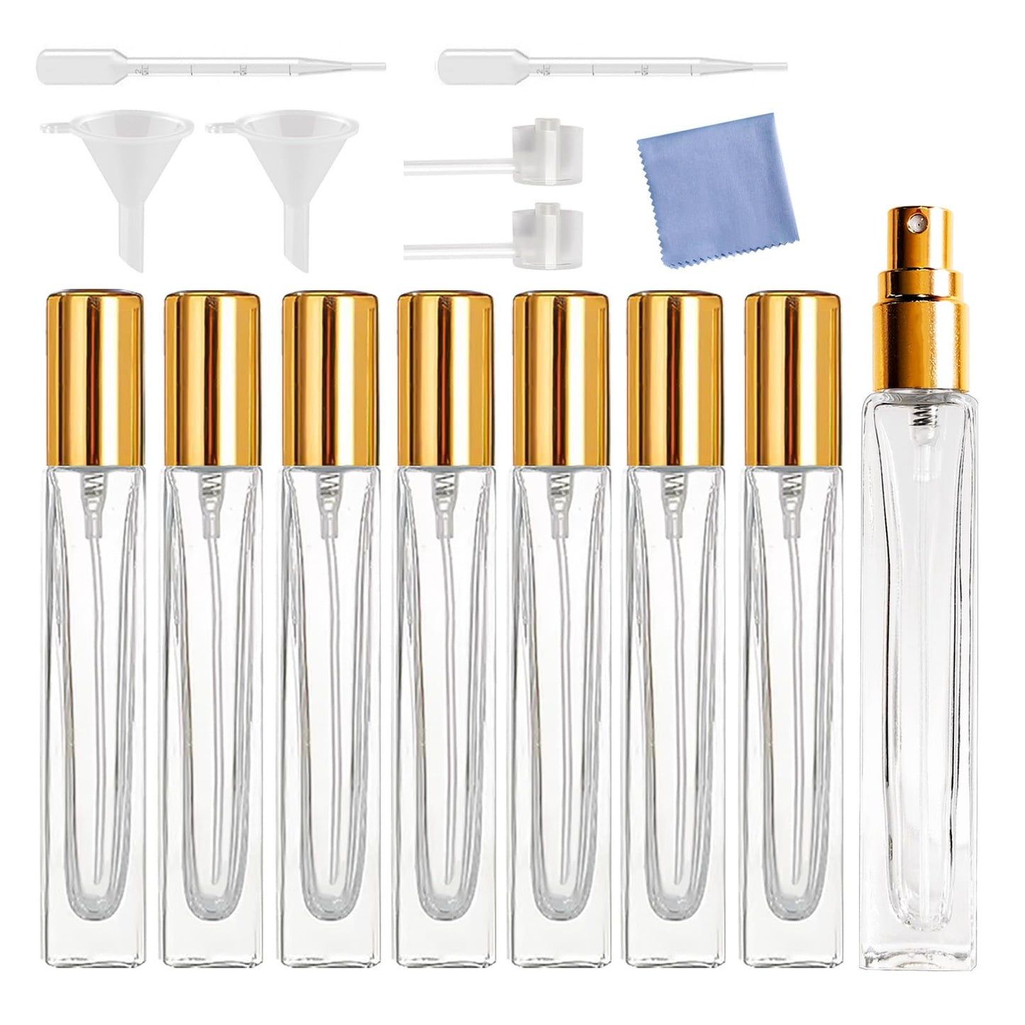 AGENIZ 8PCS 10ml Perfume Refill Glass Mini Portable Travel Glass Square Spray Bottle, Essential Oil Sample Bottle (10ML/Gold)