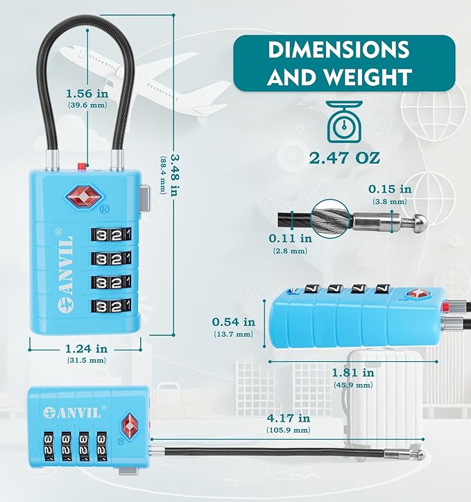 ANVIL 4 Digit Luggage Locks, TSA Locks for Luggage, Advanced TSA008 core, Alert Indicator for Your Travel Lock, Suitcase Lock. (4, Blue)