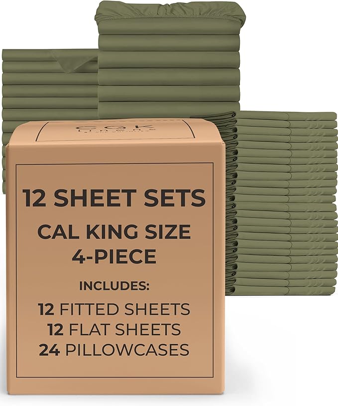 Bulk Case Pack of 12 Sheet Sets - (12) Complete Cal King Size Sheet Sets w/Deep Pockets - Wholesale Bulk Bedding for Hotels, Spas & Airbnbs - Breathable, Soft & Wrinkle Free - (Cal King, Sage Green)