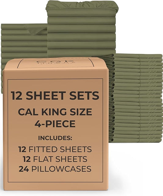 Bulk Case Pack of 12 Sheet Sets - (12) Complete Cal King Size Sheet Sets w/Deep Pockets - Wholesale Bulk Bedding for Hotels, Spas & Airbnbs - Breathable, Soft & Wrinkle Free - (Cal King, Sage Green)