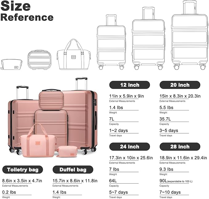 Kono Suitcase Luggage Set Expandable(only 28") Carry On Hardside Luggage with TSA Lock Spinner Wheels (Nude/Rose Pink, 6 piece set)