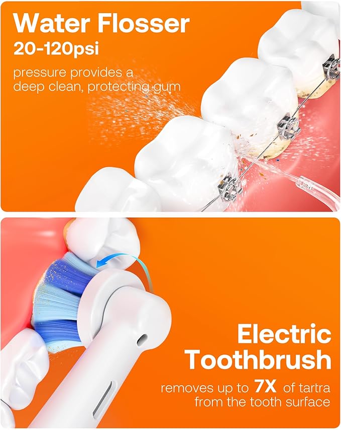 Bitvae Water Dental Flosser Teeth Picks, Cordless Water Flosser for Teeth, Braces, Dental Care and Rechargeable Rotary Electric Toothbrush Combo Set, 4 Tips, 4 Brush Heads, Waterproof, White, C5+R1