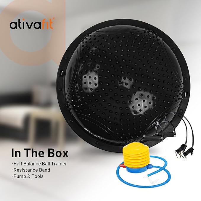 ATIVAFIT Half Exercise Ball with Massage Granules, resistance Bands Balance Ball Balance Trainer for Home Gym Full Body Workouts Half Ball Balance Trainer For Men Women