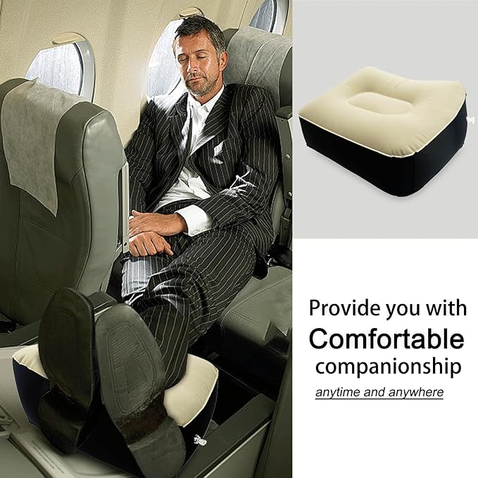 Inflatable Foot Rest, Carseat Inflatable Foot Rest Pillow, Airplanes Inflatable Foot Rest Cars, Travel Footrest Pillow for Home Office,Trains (Light tan with Black, 14.5" L×11.8" W×7.9”H)