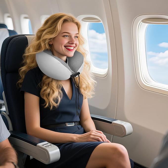 Travel Pillow Memory Foam Neck Pillow for Airplane Washable Silk Cover Ergonomic Neck Support Pillow with Storage Box