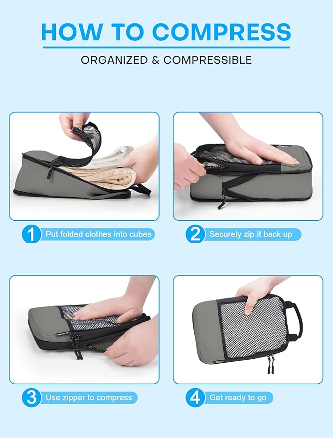 4 PCS Set Compression Packing Cubes for Travel, Lightweight Packaging Organizer Bags for Carry On Space Saving, Travel Essentials Cubes for Suitcase Backpack, Grey