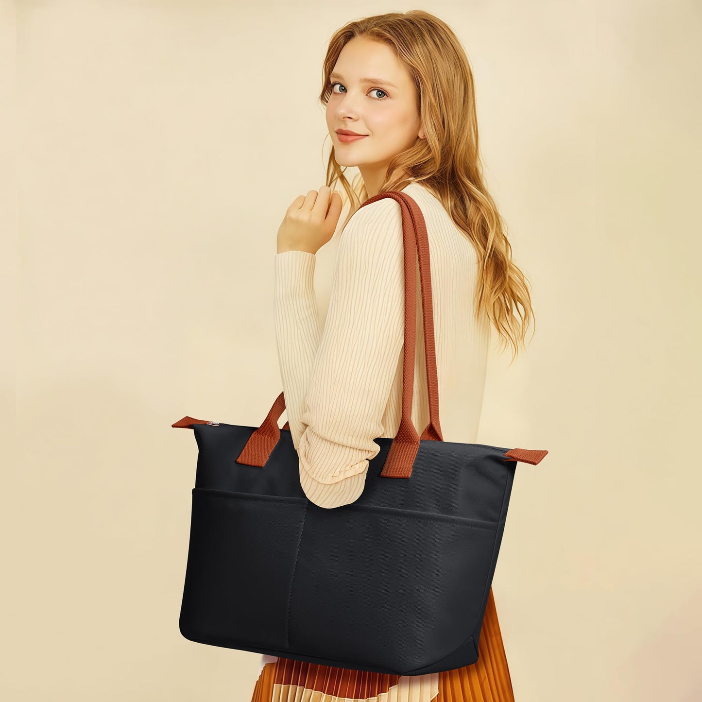 DIXEIGHT Nylon Tote Bag Women Zipper Shoulder Purse Large Hobo Top Handle Foldable Handbags for Work Travel Shopping, Black