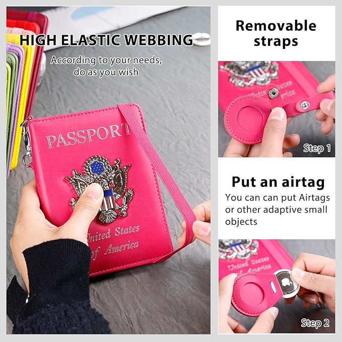 Cnycmy Passport Holder with Airtag slot,Passport-Wallet-Holder for Women,for Family, Rfid Passport Book Card Slot Waterproof, passport holder for travel (rose red1)