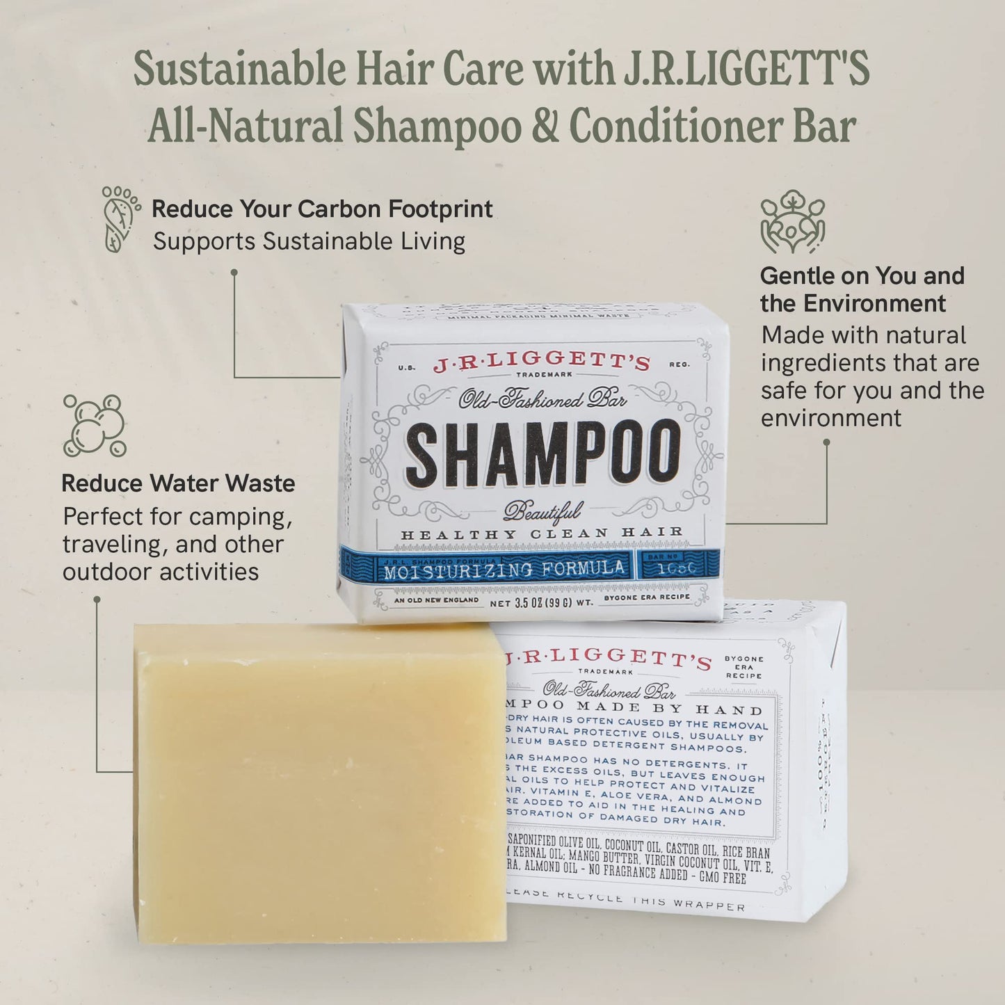 J.R.LIGGETT’S Shampoo Bars and Conditioner Set - Conditioner Bar 1.75oz + Two Moisturizing Formula Shampoo Bars 3.5oz - All-Natural Ingredients for Hair Clean, Soft, Tangle-Free - Made in the USA