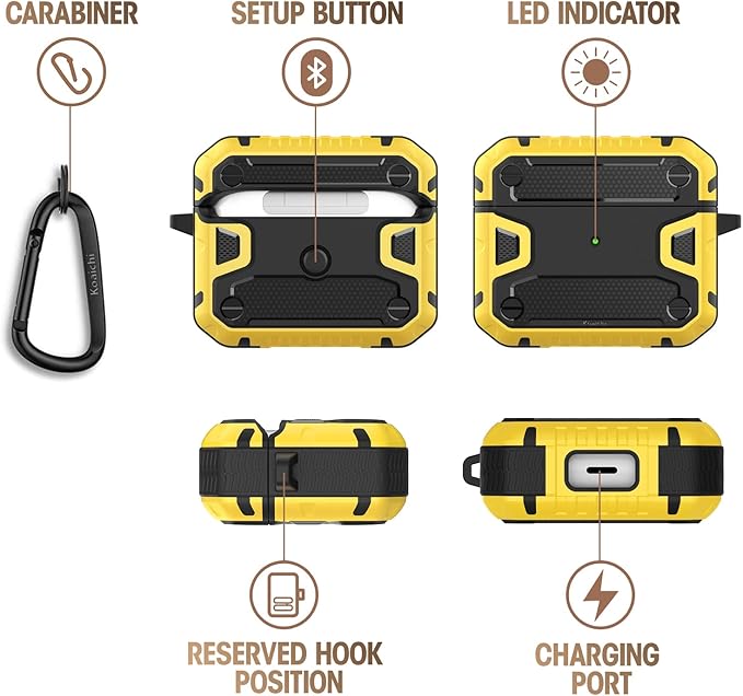 Koaichi Compatible with AirPods 3rd Generation Case(2021), Full-Body Rugged Hard Shell Protective Case Cover with Keychain Designed for AirPods 3, Black/Yellow