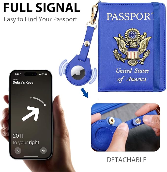 Cnycmy Passport Holder with Airtag Slot, Women's Travel Wallet, RFID Protection, Waterproof, Family Size (Dark Blue)