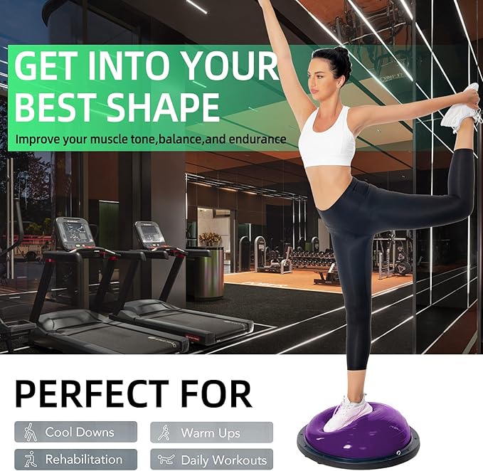 Balance Ball Trainer-Half Ball for Yoga with Resistance Band and Foot Pump, Improve Workout Half Balance Ball,Exercise Balance Ball for Stability Training and Home Gym