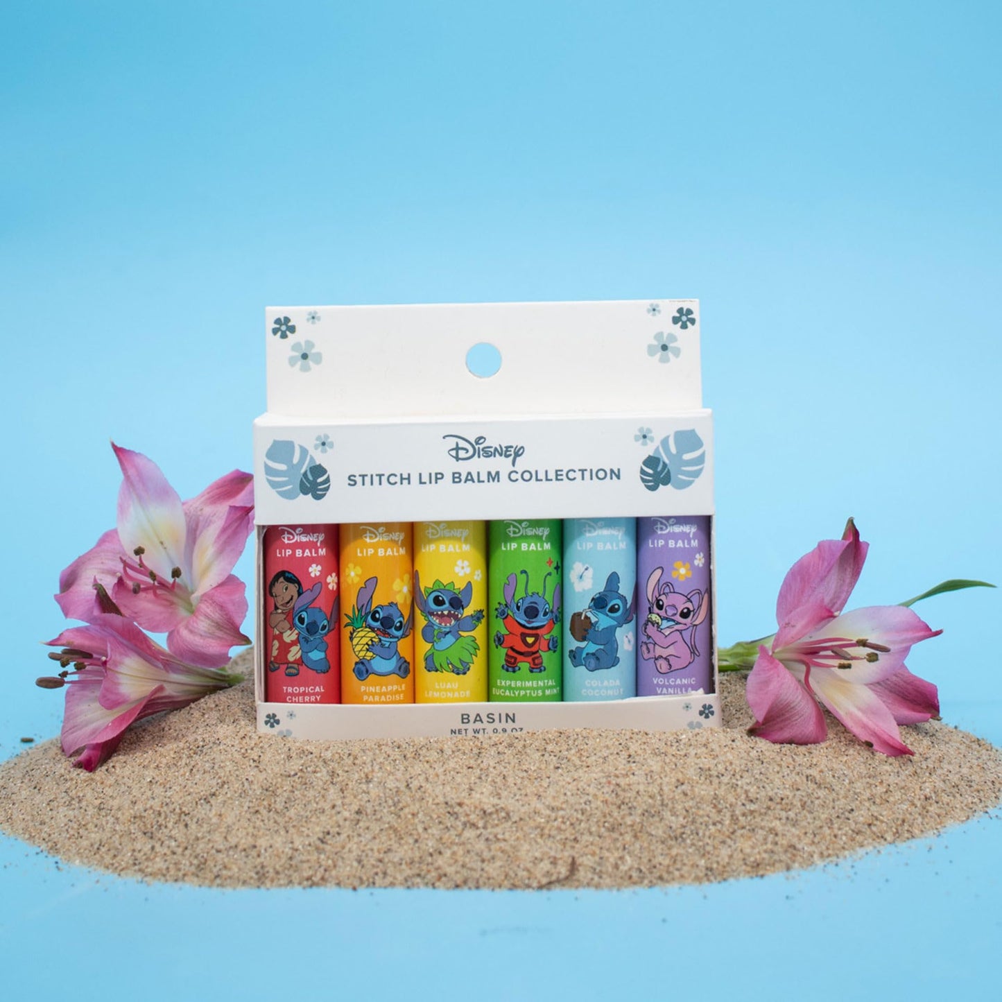 Basin Disney Stitch Lip Balm Collection | 6 Pack Tropical Flavors (Pineapple Paradise, Colada Coconut & More) | Organic Island-Inspired Gift Set, Official Disney, Made in USA