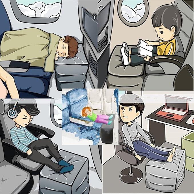 Inflatable Travel Foot & Leg Rest Pillow with Adjustable Height for Airplane, Car, Bus, Train, Office, Camping and Kids to Sleep on Long Flights, Air Pump Included