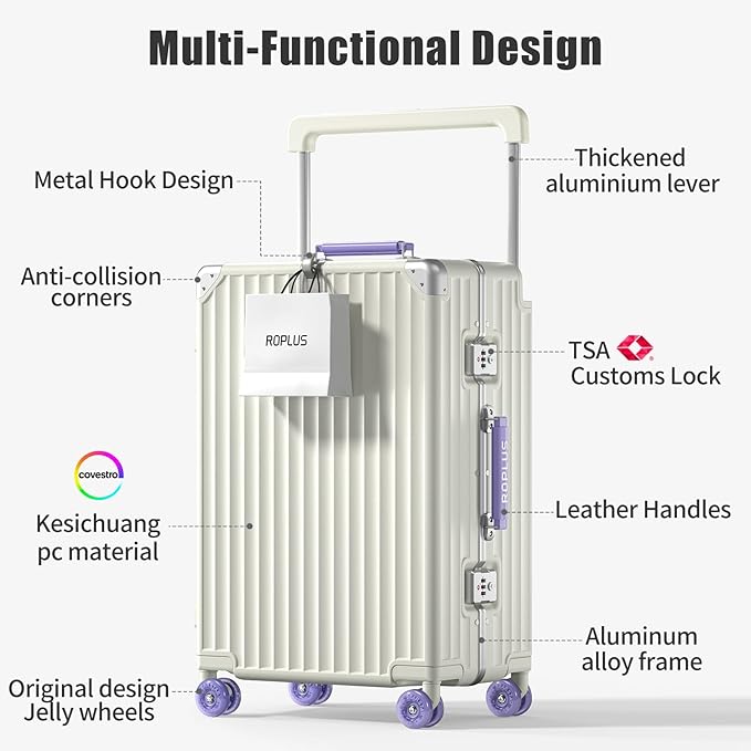 Aluminium Frame Checked-Luggage with Smooth Jelly Wheels, Hardside Zipperless Rolling Suitcase with TSA Lock (WhitePurple, 24-Inch)