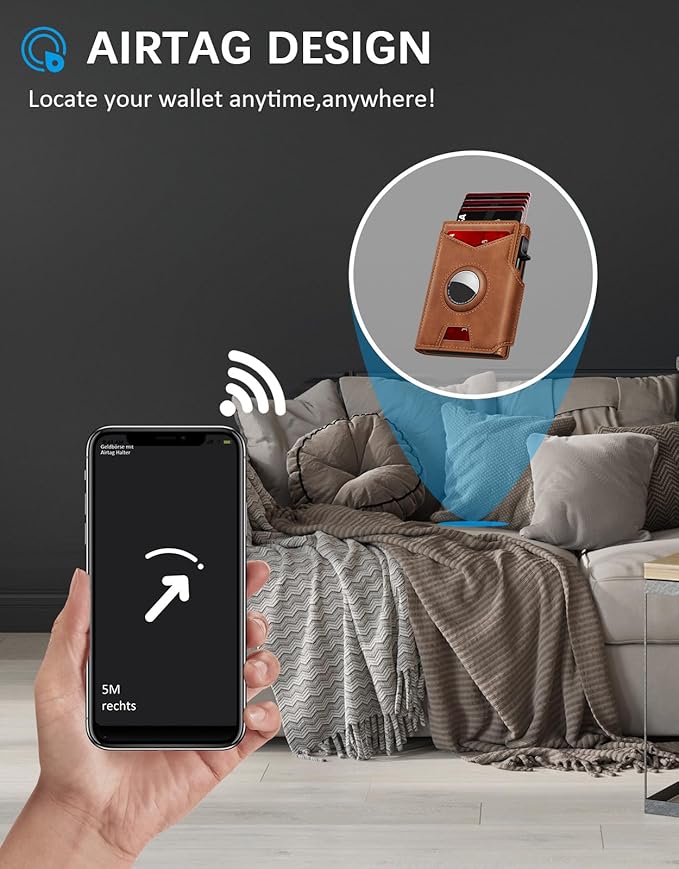 Airtag Wallet for Men, Minimalist Slim Mens Wallet Smart Pop Up Credit Card Holder for 9-13 Cards, RFID Blocking Wallet with ID Window & Cash Slot, Compact Bifold Metal Aluminum Card Case