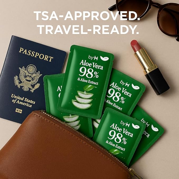 by.H Travel Size Aloe Vera Gel (30 Mini Packets) - TSA-Friendly Organic Soothing Gel for Face & Body - 98% Pure Aloe Gel Packets, Sunburn Relief, Non-Greasy, Portable Travel Packet, Made in Korea