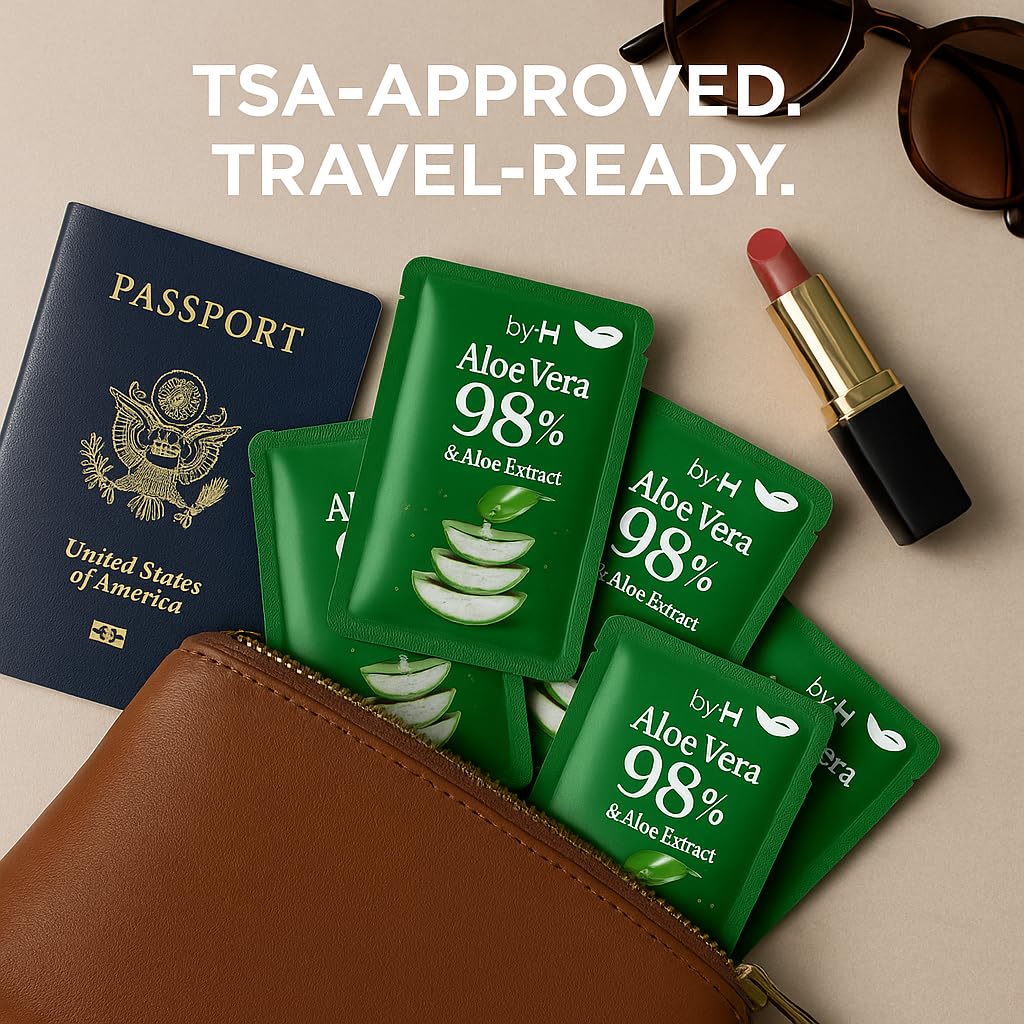 by.H Travel Size Aloe Vera Gel (30 Mini Packets) - TSA-Friendly Organic Soothing Gel for Face & Body - 98% Pure Aloe Gel Packets, Sunburn Relief, Non-Greasy, Portable Travel Packet, Made in Korea
