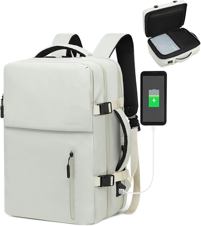 Business Travel Carry on Backpack, Lay Flat Luggage Style Bag with USB C & A, 16-inch Suitcase Capacity, Airline Approved, Beige