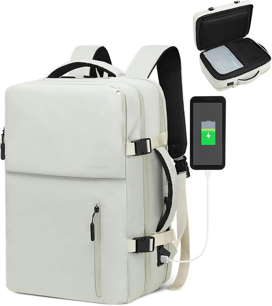Business Travel Carry on Backpack, Lay Flat Luggage Style Bag with USB C & A, 16-inch Suitcase Capacity, Airline Approved, Beige