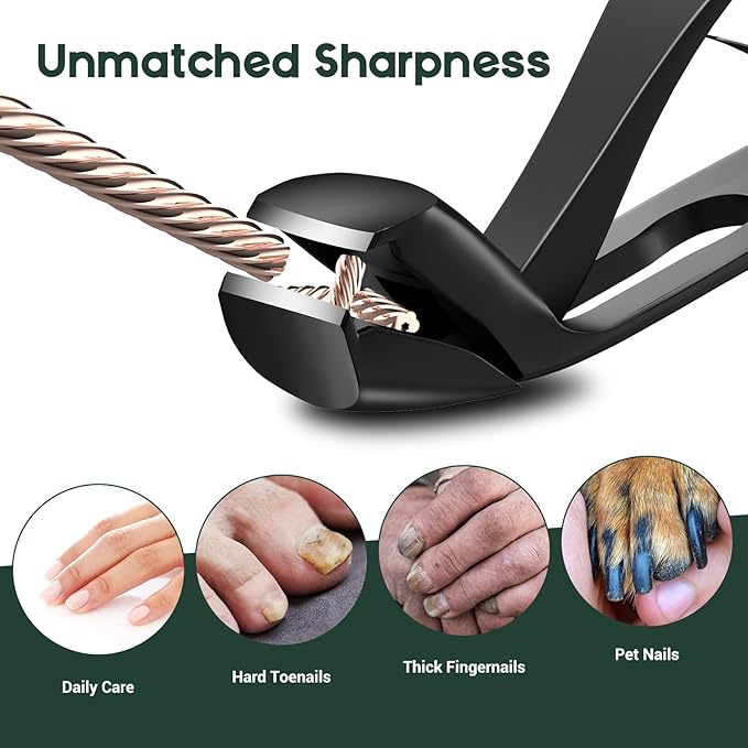 Angled Head Nail Clippers for Seniors, Ergonomic Toenail Clippers for Thick Nails with Wide Jaw Opening, Premium Steel Nail Cutter Nail Clippers with Catcher for Men and Women Black