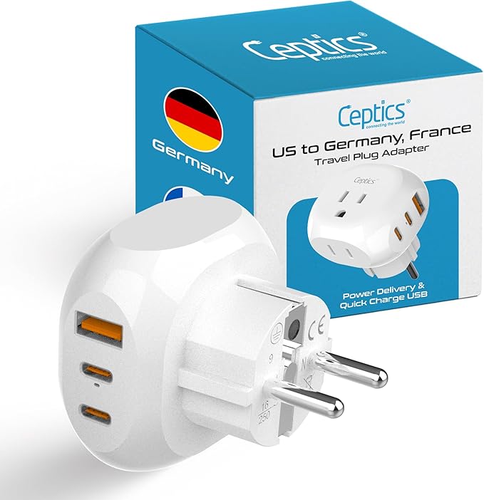 Ceptics European Schuko Travel Adapter - 5 Input with 20W PD-QC 3.1A Dual USB-C and USB - Ultra Compact - Light Weight - USA to Type E/F Countries Such as Germany, France and More (PTU-9), White