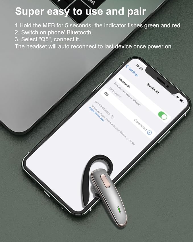 Bluetooth Earpiece, V5.1 Ultralight Wireless Handsfree Headset for Cell Phone with Noise Cancellation Microphone for iOS Android Samsung Laptop Trucker Driver - Grey