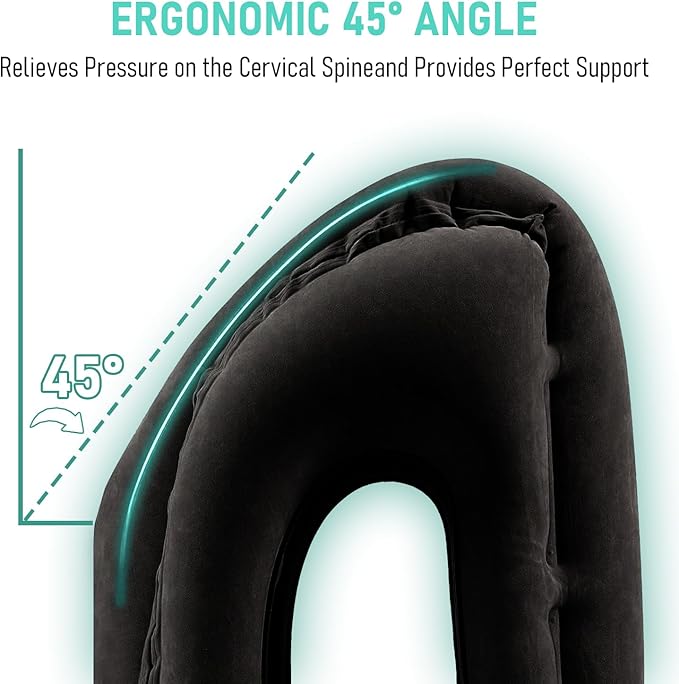 Inflatable Travel Pillow for Airplanes, Airplane Pillow for Supports Neck, Used for Planes, Trains, Cars, Includes Storage Bag, Eye Mask & Earplugs (Black)