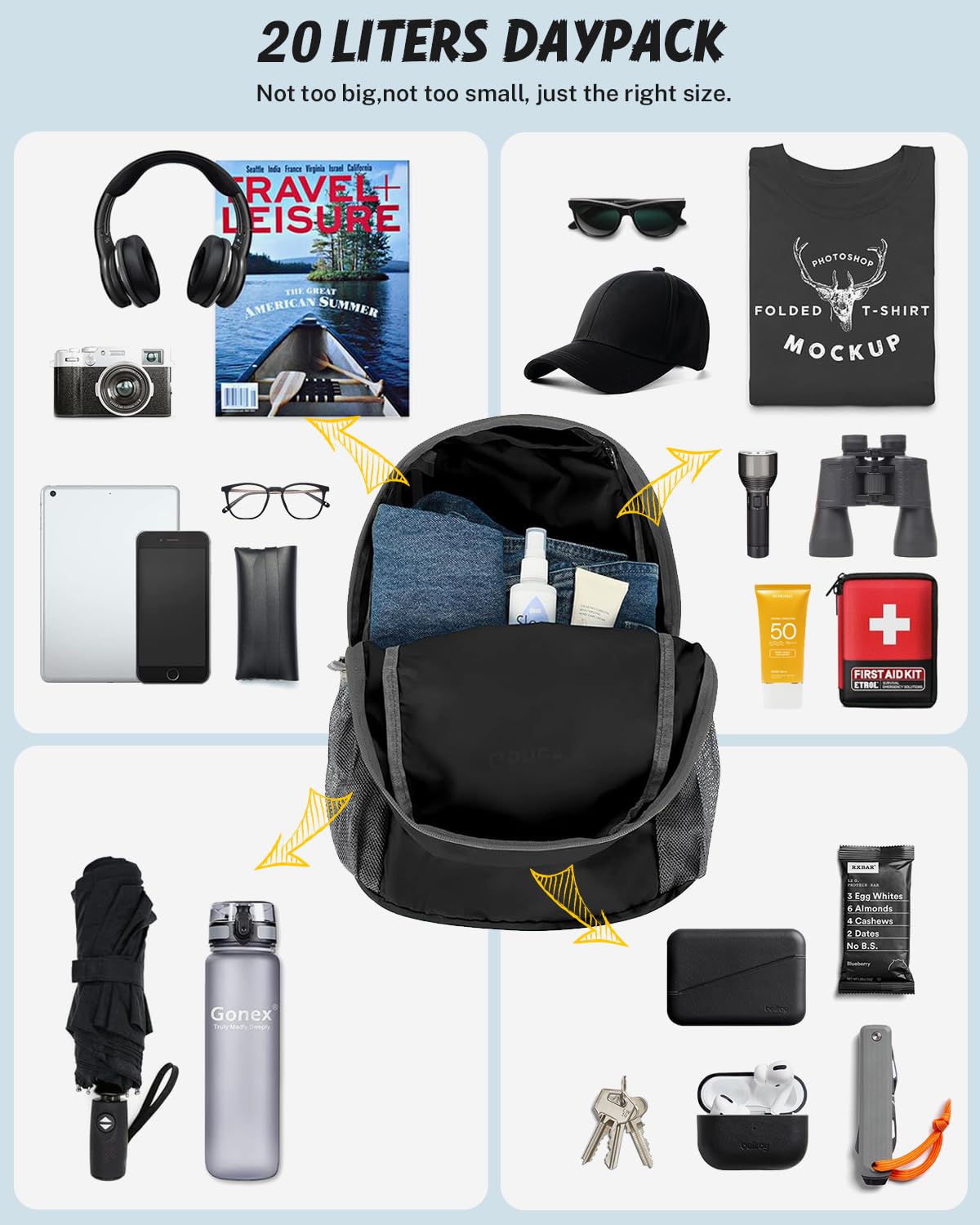 Gonex Ultra Lightweight Packable Backpack Daypack Handy Foldable Camping Outdoor Travel Cycling School Backpacking(Black)