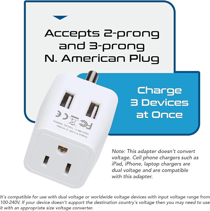 Ceptics India, Nepal, Bangladesh Travel Adapter Plug with Dual USB - Type D - Usa Input - Ultra Compact - Safe Grounded Perfect for Cell Phones, Laptops, Camera (CTU-10)