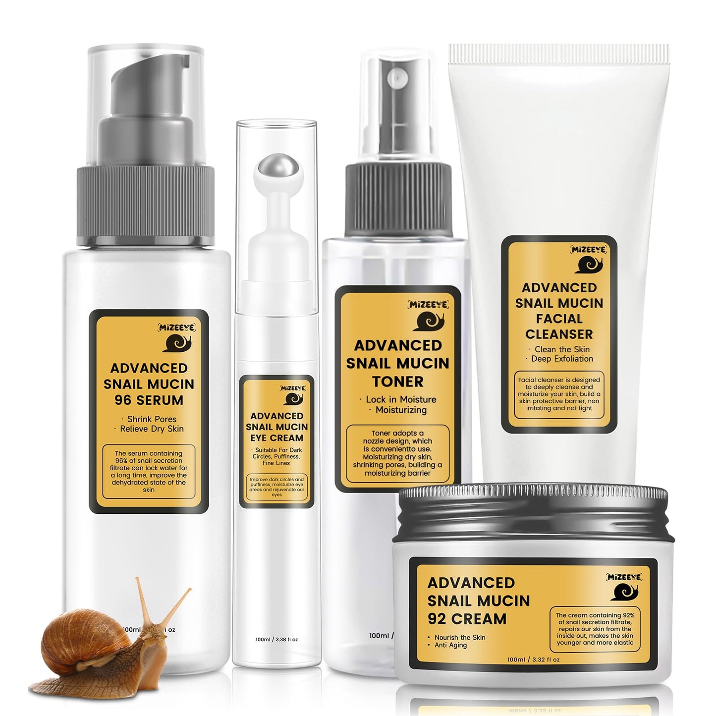 Advanced Snail Mucin Skincare Set For Teen Girl, Anti Wrinkle & Repair Face Skin Care Gift Set With Face Wash, Toner, Serum, Face Cream, Eye Cream, 5PCS Peptides Snail Mucin Kit Travel Size For Women.