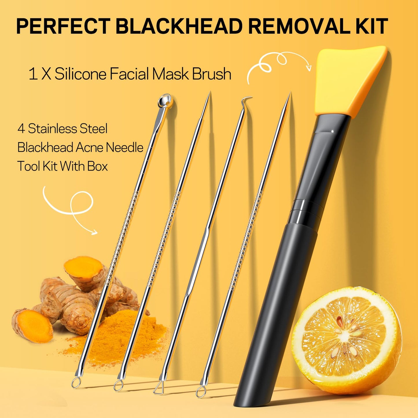 AMOADO Blackhead Remover Mask, Peel Off Face Mask with Vitamin C & Turmeric for Men and Women–Deep Cleansing Nose Facial Mask for Blackheads, Pores & Oil Control with Pimple Extractor and Brush