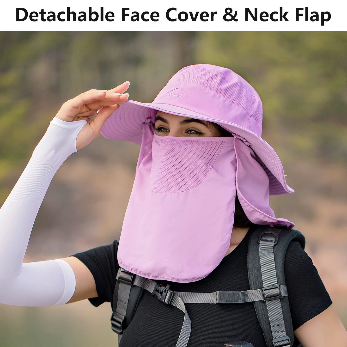 UPF 50+ Sun Fishing Hat for Men Women Wide Brim Hat with Detachable Face Cover & Neck Flap Violet
