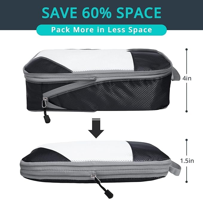 6 Set Compression Packing Cubes for Travel - Compressible, Lightweight, and Space-Saving Packing Cubes, Travel Essentials for Women, Black
