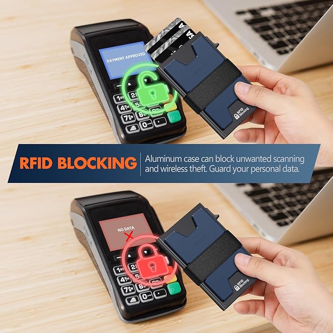 AUTLEY Slim Wallet For Men, Rfid Blocking Mens Wallet, Minimalist Wallet For Men, Pop Up Credit Card Holder with Cash Band (Blue+Black)