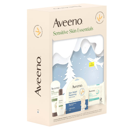 Aveeno Sensitive Skin Essentials Gift Set with Daily Moisturizing Lotion, Daily Moisturizing Body Wash, Calm + Restore Makeup Removing Wipes, & Skin Relief Repairing Hand Mask, 4 items