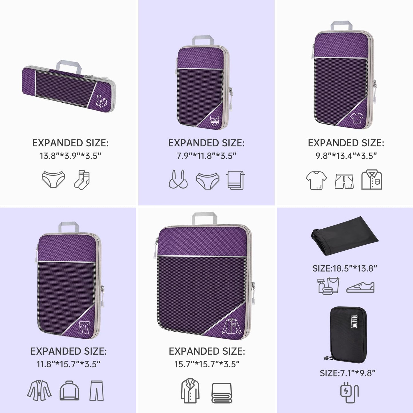 NiHome 7PCS Compression Packing Cube Set Expandable Mesh Travel Bag Luggage Organizers with Electronic Cable Cord Charger Organizer Drawstring Bag for Trip Home Storage Travel Gear Accessories